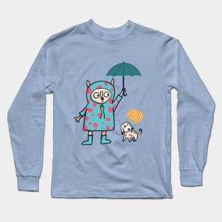 cute-looking monster is holding an umbrella for the dog in the outdoor while heavy rain Long Sleeve T-Shirt